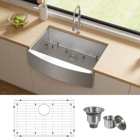 TECASA Farmhouse Sink 30 inches Stainless Steel Apron Sinks 16 Gauge for Kitchen Front Rounded 10 inch Deep Single Bowl Kitchen Sink with Accessories
