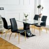 Modern simple table and chair set, one table and four chairs. Transparent tempered glass table top, solid base. Gold plated metal chair legs (set of 5