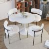5 Pieces 31.5-Inch round dining table set for 4 and 4 pieces Upholstered Chairs for Four Person, MDF Table-top, Off White Faux Fur with White table Le