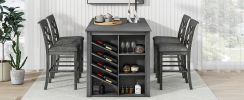 TOPMAX Counter Height 5-piece Solid Wood Dining Table Set, 59*35.4Inch Table with Wine Rack and 4 Upholstered Chairs, Grey