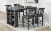 TOPMAX Counter Height 5-piece Solid Wood Dining Table Set, 59*35.4Inch Table with Wine Rack and 4 Upholstered Chairs, Grey