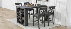 TOPMAX Counter Height 5-piece Solid Wood Dining Table Set, 59*35.4Inch Table with Wine Rack and 4 Upholstered Chairs, Grey