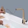 Brushed Gold Waterfall Kitchen Faucet with Temperature Display, Single Handle Kitchen Faucet with Pull Down Sprayer, Modern Kitchen Sink Faucet, Three