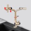 Brushed Gold Waterfall Kitchen Faucet with Temperature Display, Single Handle Kitchen Faucet with Pull Down Sprayer, Modern Kitchen Sink Faucet, Three