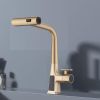 Brushed Gold Waterfall Kitchen Faucet with Temperature Display, Single Handle Kitchen Faucet with Pull Down Sprayer, Modern Kitchen Sink Faucet, Three